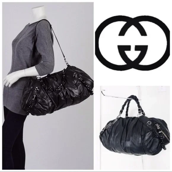 GUCCI Galaxy Two-Way Bag Black Leather Vintage Medium Satchel Purse Silver Chain - Picture 2 of 13